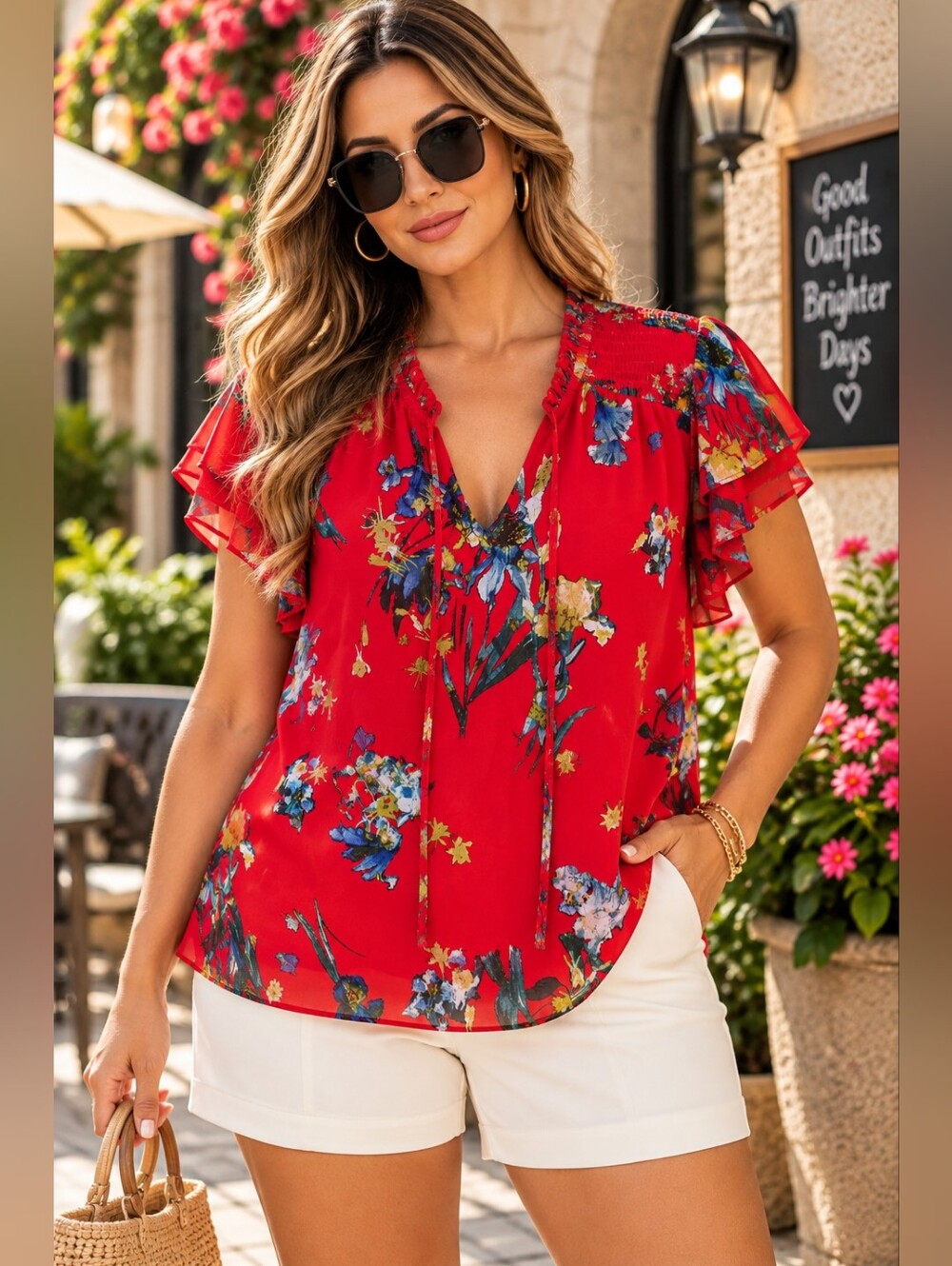 CeCe "Island Oasis" Fiery Red Floral Ruffle Short Sleeve Blouse NWT Size Medium